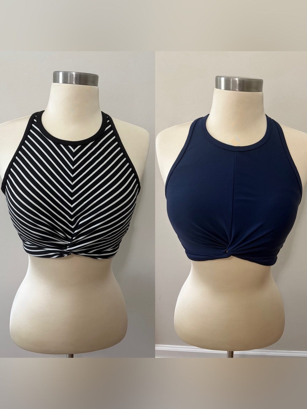 Kona Sol Black & White Striped and Navy Active Swimsuit Tops Sz S